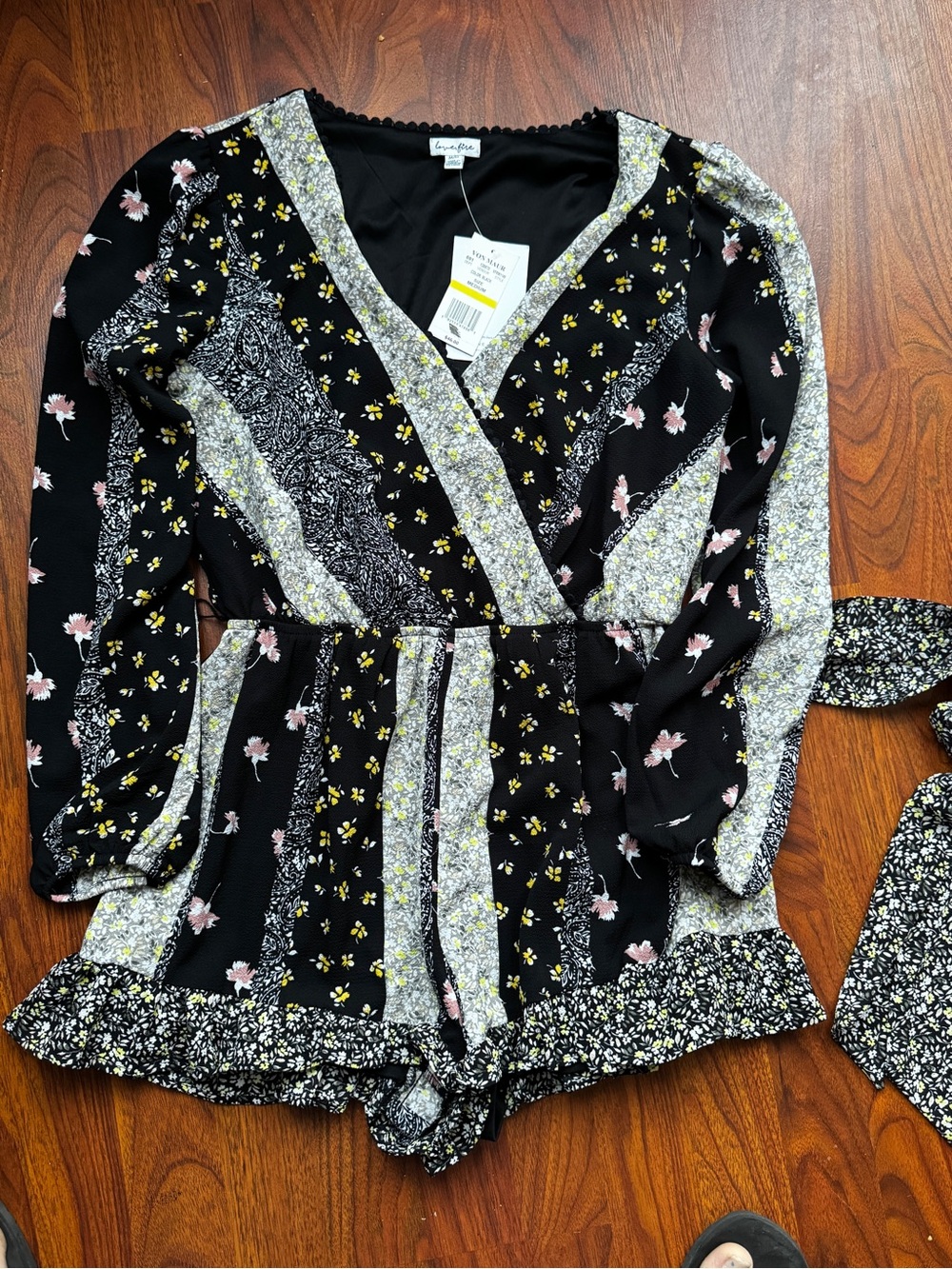 Lush Black Floral Patchwork Long-Sleeve Wrap Romper